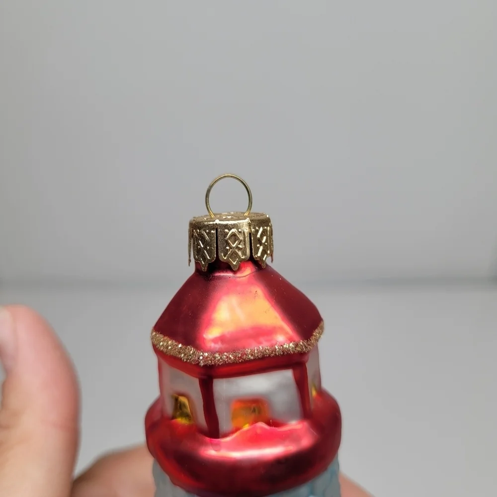 VTG Blown Glass‎ lighthouse Ornament Red Blue Glitter Ocean Coastal Holiday Gift